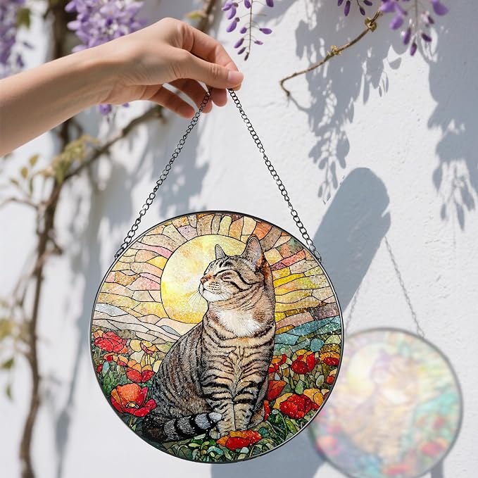 8-Inch Cat Stained Glass Window Hanging Suncatcher