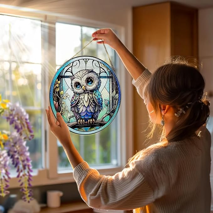 8-Inch Owl Stained Glass Suncatcher Window Decor