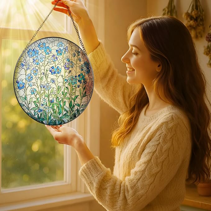 8-Inch Forget Me Not Flower Stained Glass Suncatcher