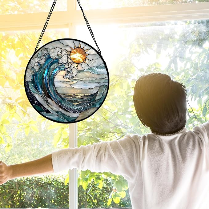 7.8-Inch Blue and White Waves Stained Glass Suncatcher