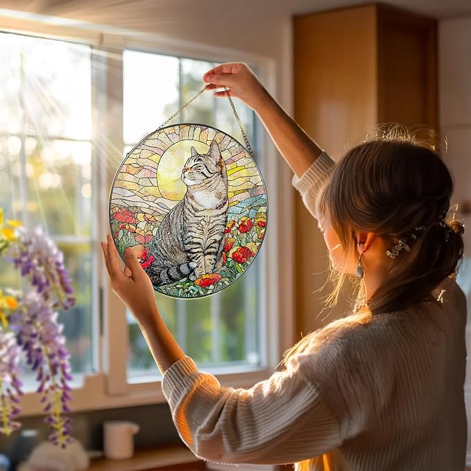 8-Inch Cat Stained Glass Window Hanging Suncatcher