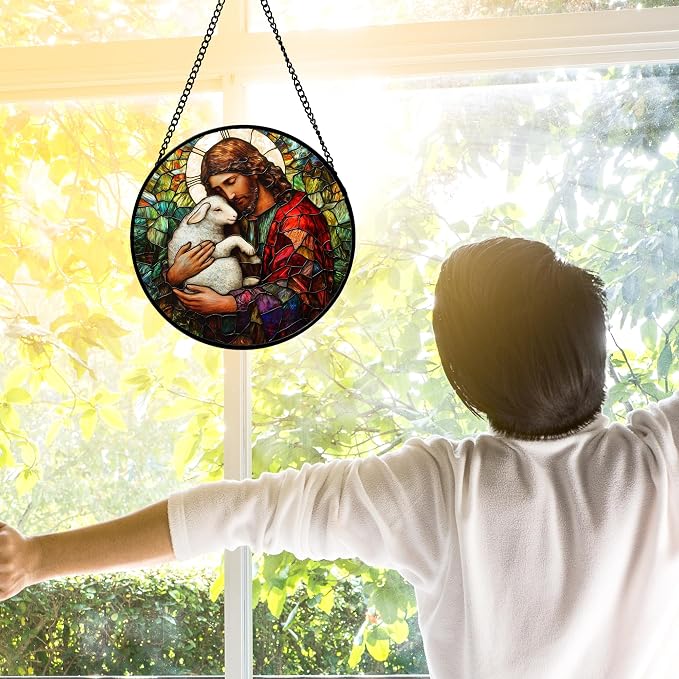 6.3-Inch Jesus Little Lamb Stained Glass Suncatcher