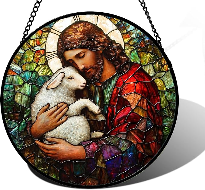 6.3-Inch Jesus Little Lamb Stained Glass Suncatcher