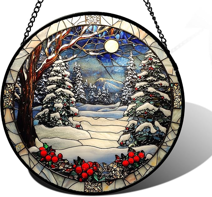 6.3-Inch Winter Snow Night Stained Glass Suncatcher