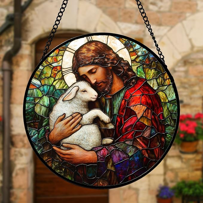 Jesus Little Lamb Stained Glass Suncatcher – 6.3 Inch