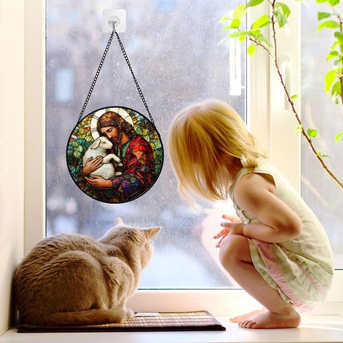 6.3-Inch Jesus Little Lamb Stained Glass Suncatcher