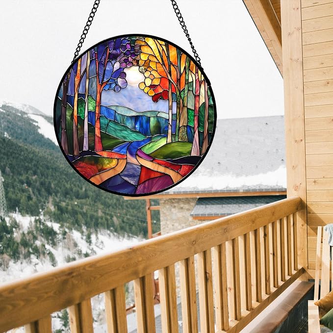 9.8-Inch Colorful Forest Tree Stained Glass Suncatcher