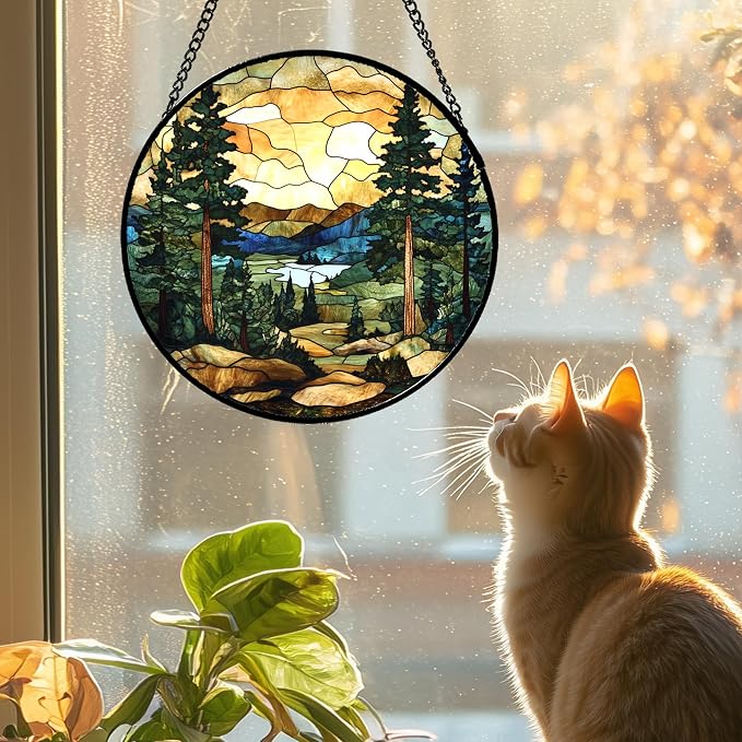 12-Inch Forest Lake Mountain Stained Glass Suncatcher