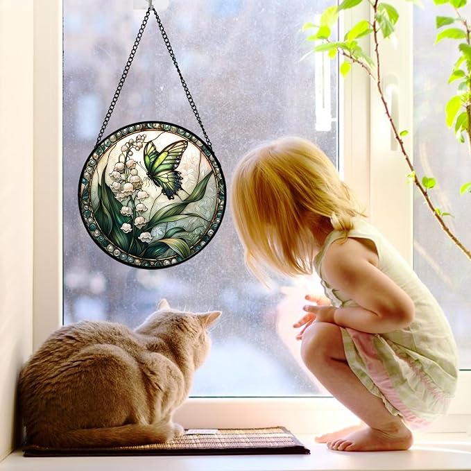 6.3-Inch Butterfly Lily of the Valley Stained Glass Decor