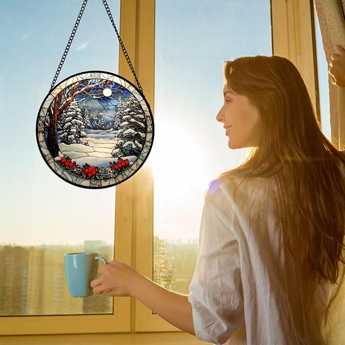 6.3-Inch Winter Snow Night Stained Glass Suncatcher