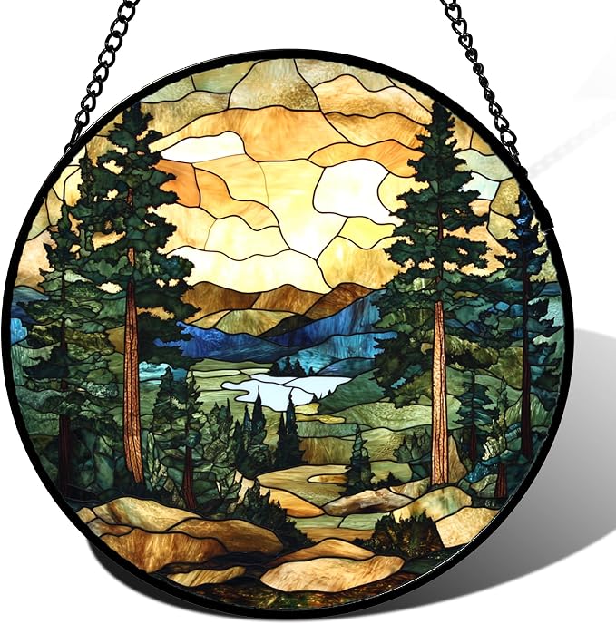 12-Inch Forest Lake Mountain Stained Glass Suncatcher