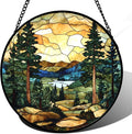 12-Inch Forest Lake Mountain Stained Glass Suncatcher