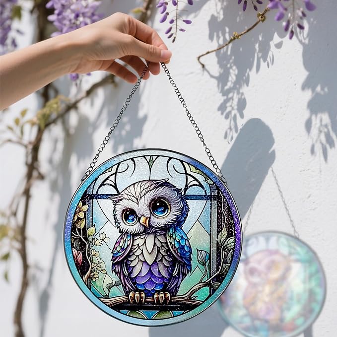 8-Inch Owl Stained Glass Suncatcher Window Decor