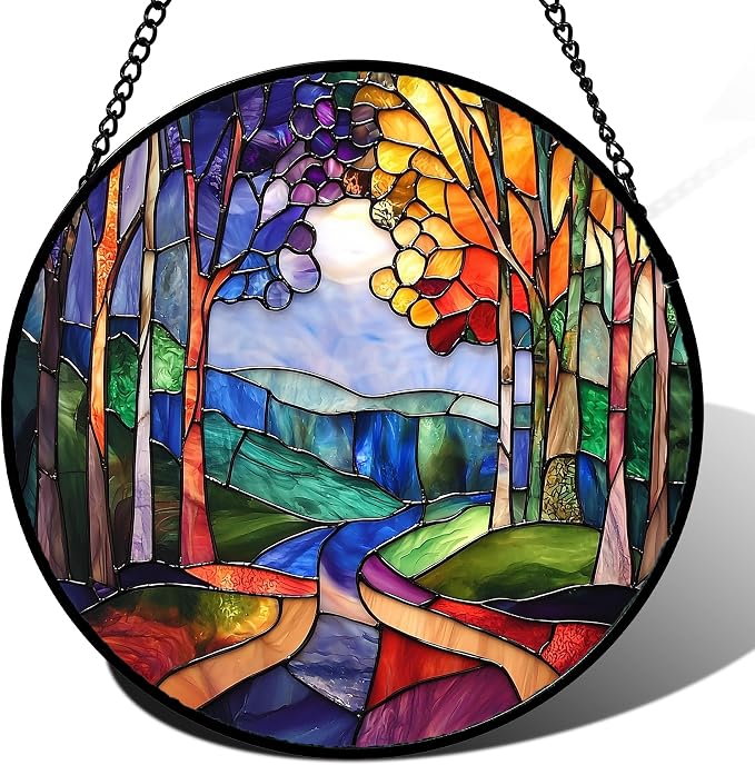 9.8-Inch Colorful Forest Tree Stained Glass Suncatcher