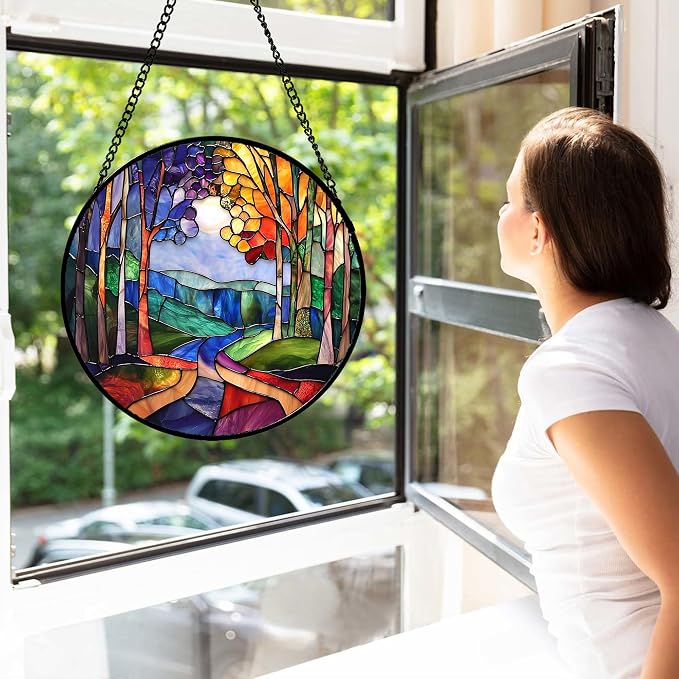 9.8-Inch Colorful Forest Tree Stained Glass Suncatcher