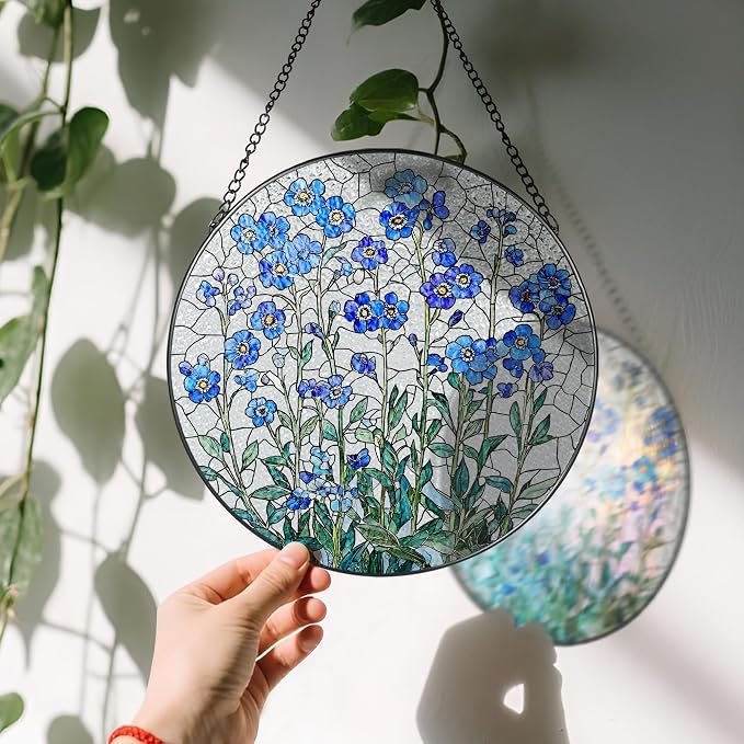 8-Inch Forget Me Not Flower Stained Glass Suncatcher