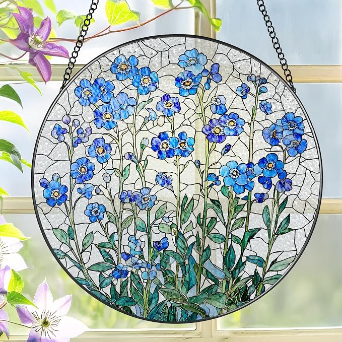 8-Inch Forget Me Not Flower Stained Glass Suncatcher