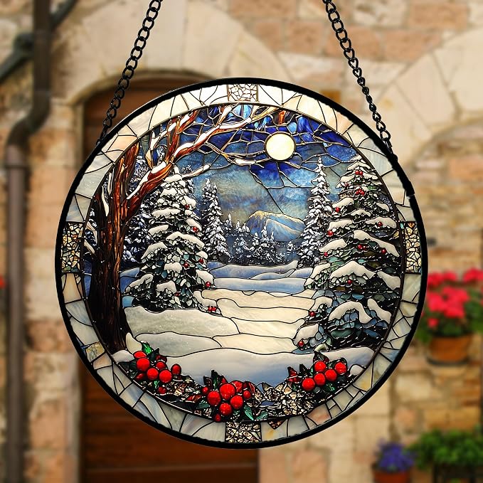 6.3-Inch Winter Snow Night Stained Glass Suncatcher