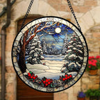 6.3-Inch Winter Snow Night Stained Glass Suncatcher