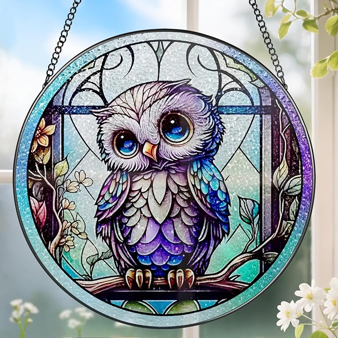 8-Inch Owl Stained Glass Suncatcher Window Decor